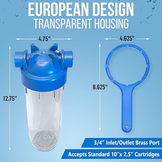 10 Inches European Design Transparent Standard Whole House Water Filter System with Presser Relief Valve, 3/4” Inlet/Outlet Brass Port and Yearly Supply (3) Block Activated Carbon Cartridges 5 Micron