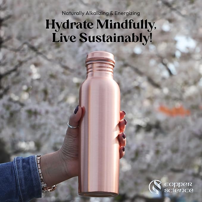 Pure Copper Water Bottle – 34Oz (1000 ml) – Handcrafted Smooth Finish Design, Leak-Proof – 100% Pure Copper Ayurvedic Metal Water Bottle for Benefits & Wellness