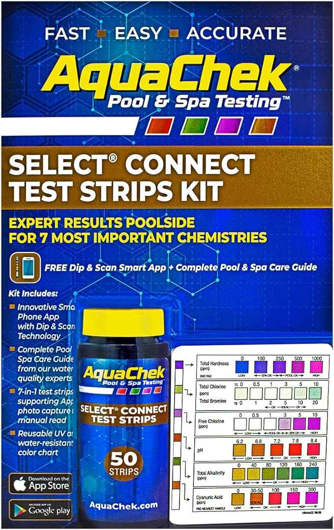 AquaChek Select Connect 7-Way Pool and Spa Test Strips Complete Kit - Pool Test Strips for pH, Total Chlorine, Free Chlorine, Bromine, Alkalinity, Total Hardness, and Cyanuric Acid - (50 Strips)