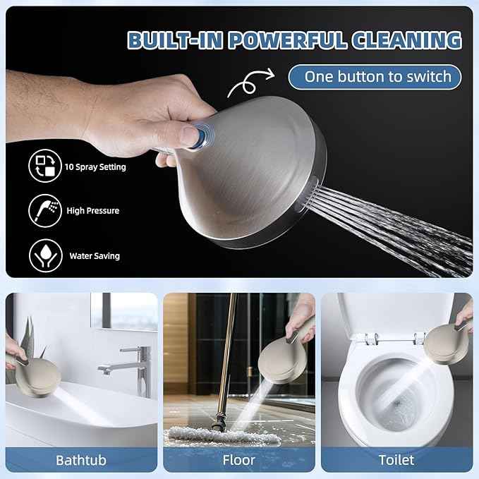 12” All Metal Rain Shower Head, High Pressure Rainfall Shower Head with Handheld Showerhead, 5“ Handheld Spray Powerful Clean 10-Mode, 16" Stainless Steel Adjustable Extension Arm, Brushed Nickel
