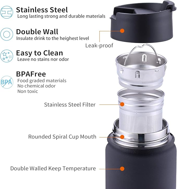 Tea Infuser Bottle With Removable Loose Leaf Tea Strainer Cup 18/8 Stainless Steel Portable Insulated Travel Tea Tumbler Black