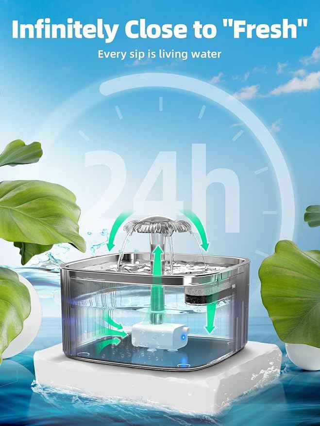 Cat Water Fountain: 75oz/2.2L Automatic Pet Water Dispenser for Cats with 304 Stainless Steel Water Tray, Musical Wave Design with LED Indicator Pet Water Fountain for Cats Inside