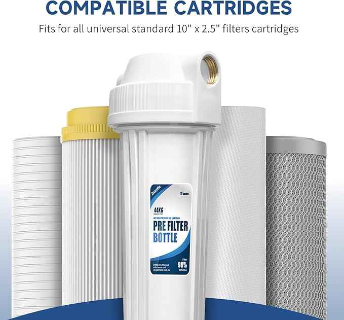 Whole House Water Filter Housing, Fit 10"x2.5" Sediment etc Filters for Well and City Water, Pre-Filtration System for Home, 3/4" Brass Port, Heavy Duty Steel Bracket, 4 Screws, Wrench, 1 Pp Cotton