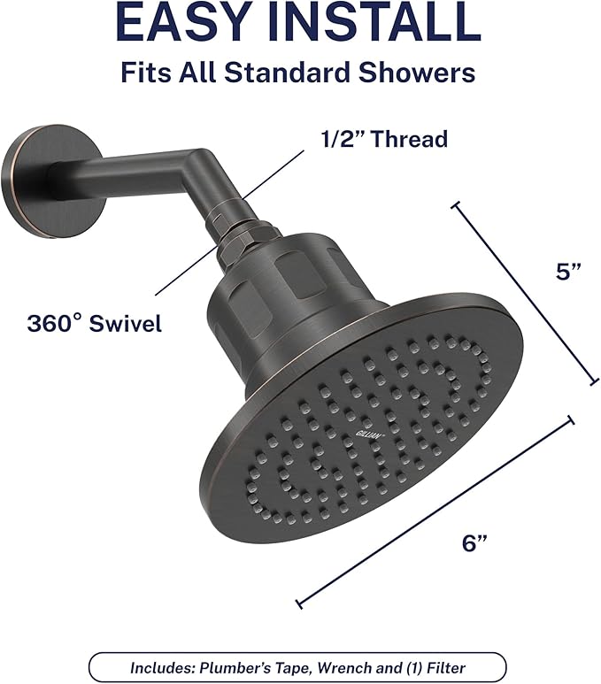 Gillian™ by HammerHead High Pressure Shower Head with Filter – Genuine KDF55 Metal Hard Water Filtering Shower Head, Healthier Skin & Hair – 6" Rainfall Showerhead with Filters, Oil Rubbed Bronze