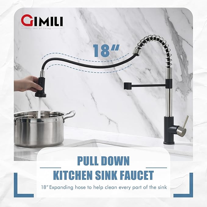 GIMILI Kitchen Faucet with Pull Down Sprayer Single Hole Stainless Steel Sink Faucet, Suitable for Farmhouses, RV, Laundry Room, Outdoor, and Campers. Llave para fregadero de cocina Nickel and Black