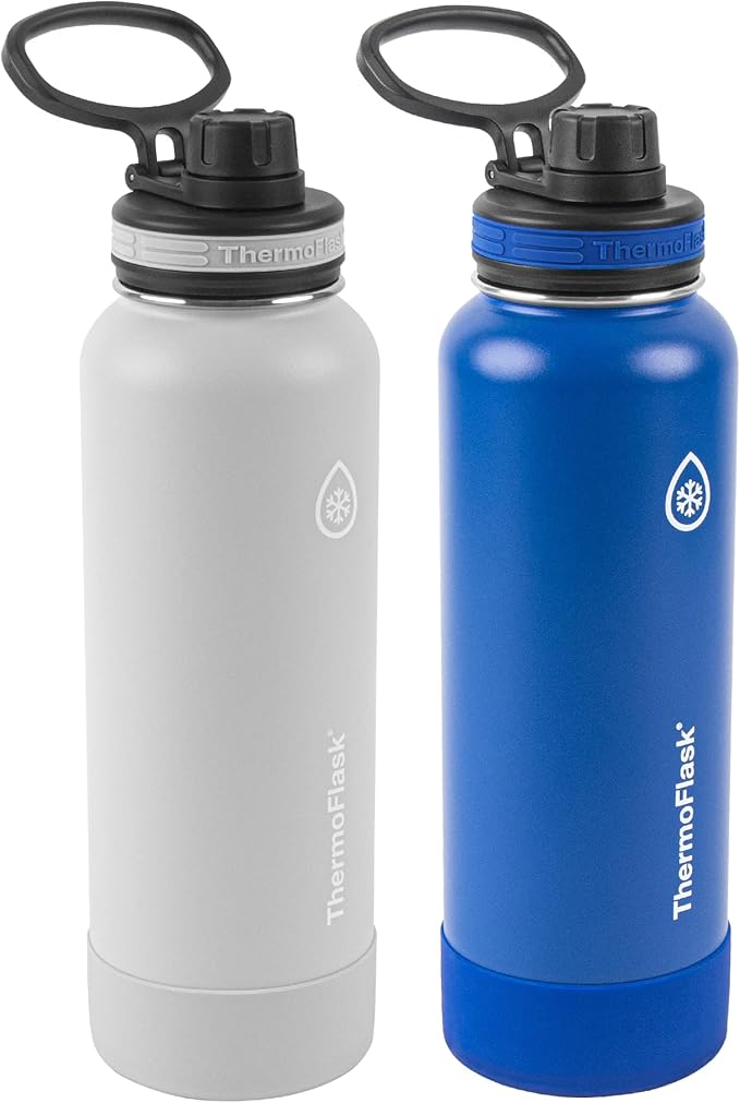 ThermoFlask Stainless Steel Water Bottles 2-Pack - Double-Wall Vacuum Insulated 40 oz BPA-Free Spout Lids - Keeps Drinks Cold 24 Hrs, Hot 12 Hrs - Leakproof, Dishwasher Safe, Ice Grey/Azure