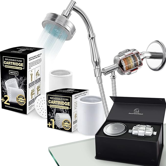 AquaHomeGroup Handheld Shower Head with Filter - 20 Stage Filtration Shower Filter for Hard Water - Vitamin C E and A and 2x filter cartridge and single filter cartridge bundle