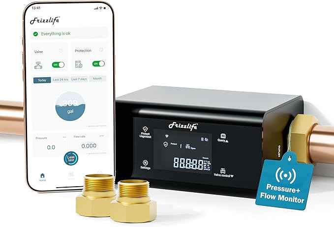 Frizzlife LP365-P Smart Water Monitor and Automatic Shutoff - 0.01 GPM Ultrasonic Micro Leak Detection, Wi-Fi / APP Control, Pressure+Flow Monitoring, 24/7 Water Usage Reports, Fits 3/4" and 1"