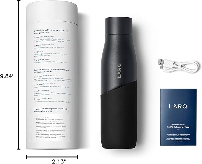 LARQ Bottle Movement PureVis 32 oz- Lightweight Self-Cleaning and Non-Insulated Stainless Steel Water Bottle with UV Water Purifier | Reusable & Travel Friendly, 1-Year Warranty, Black/Onyx