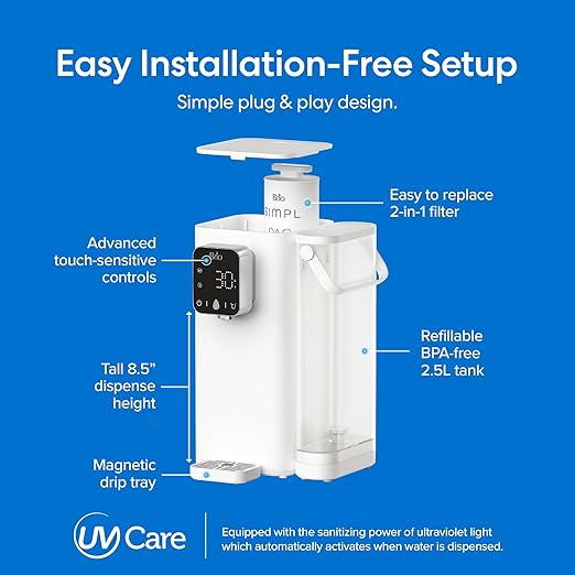 Brio SIMPL W2 Countertop Water Dispenser w/Refillable 2.5L Water Tank, 2-in-1 Sediment & Carbon Filter Included, Room Temp., LED Display w/Touch Buttons, No Plumbing Necessary, White