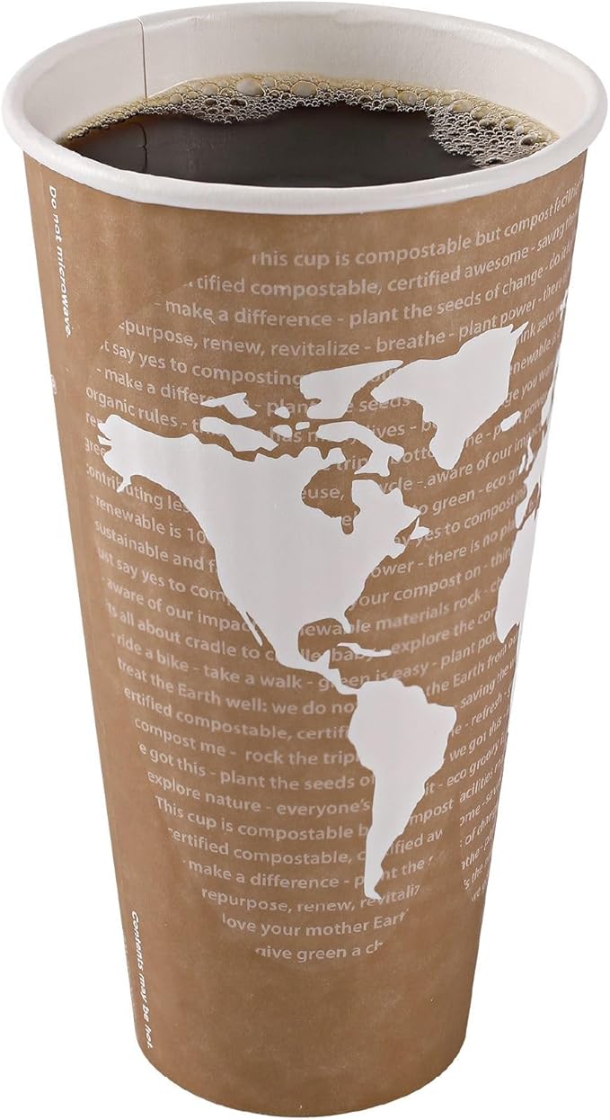 ECO PRODUCTS Compostable Disposable Insulated World Art 20oz Large Coffee Cups, Pack of 40, Renewable Double-wall Hot Paper Cup, Plant Based PLA Lining, No Sleeves Needed, Lid Available, Color Coded