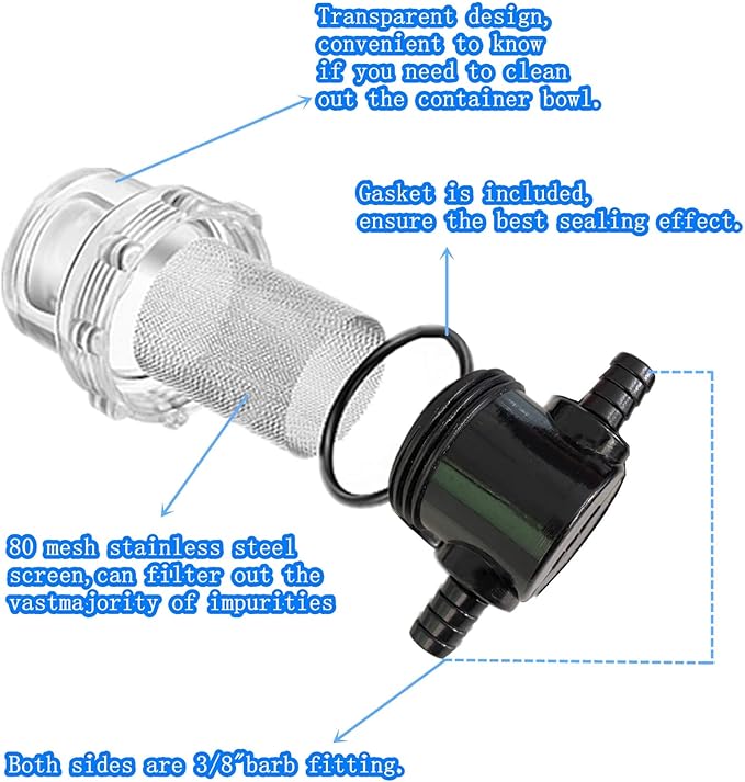 2PC RV Water Pump Filter,1/2 Inches Rv Water Inlet Filter Compatible With 3/8 Inches Raw Water Strainer Twist-On Pipe Sprayer For 12V DC 80 PSI Camper Marine Boat Lawn Beer Filter