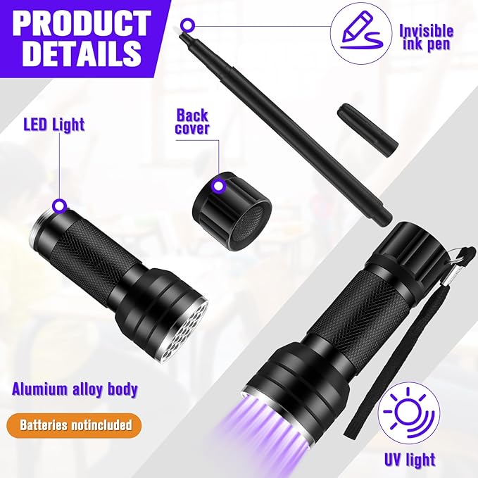 Tegeme 4 Invisible Ink Pen Set 2 Invisible Marker 2 Blacklight Flashlights with UV Black Light Markers Disappearing Ink Pen for Secret Notes Holiday Gifts Favors(21 LED)