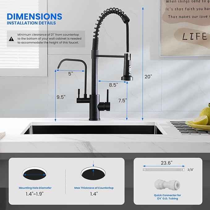 POPFLY 3 in 1 Kitchen Faucet With Drinking Water Purifier, Pull Down Sprayer, High Arch 2 Handle Filter Faucet, Black