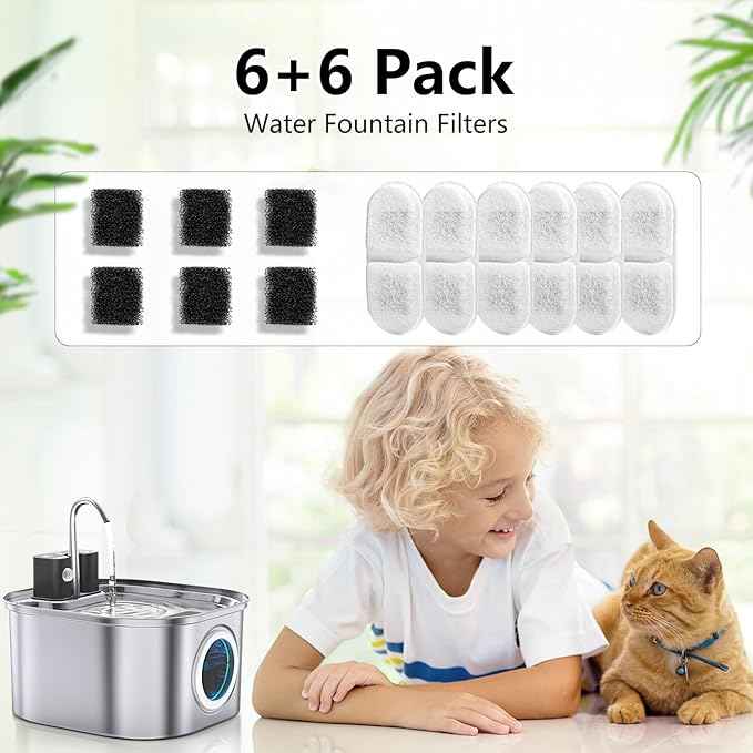Cat Water Fountain Filter Replacement,12 Pcs(6 Carbon+ 6 Sponge) for Pets Automatic Water Dispenser for Dogs, Compatible with 2.2L/3L/3.2L/3.5L Stainless Steel Cat Fountains