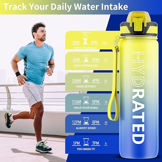 Water Bottle with Straw, 32oz Motivational Water Bottles with Time Marker to Drink, Tritan BPA Free, 1L Sports Water Bottle with Carry Strap LeakProof for Women Gym Fitness Outdoor (1 Pack)