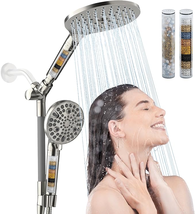 HOWUWEY Filtered Dual Shower Head with Handheld Spray Combo for Hard Water, 7.5-inch Modern High Pressure Shower Head with 9-mode Handheld and Filter, 79-inch Hose (Filtered, Brushed Nickel)