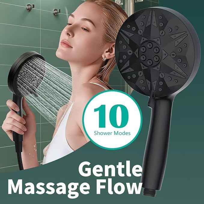Matte Black Filtered Handheld Shower Head – 10 Spray Modes with Rain & Massage, Built-in Filter, Anti-Clog Nozzles, Power Rinse for Tile & Pets, Easy to Install