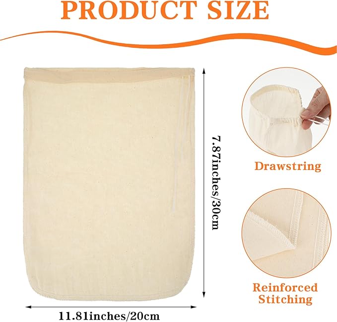 4 Pack Nylon Nut Milk Bag 12 × 8 Inches Fine Mesh Cheese Cloth Multiple Usage Reusable Food Strainer Professional Cold Brew Filter for Straining Juice Coffee Yogurt Tea (Cotton, 12×8 In)