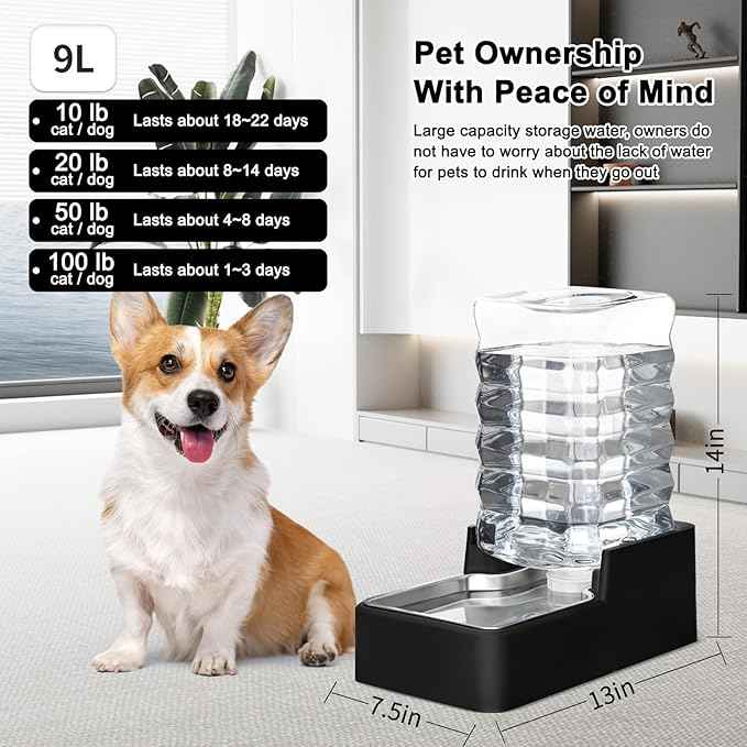 RIZZARI Stainless Steel Pet Water Feeder: 9L Large Gravity Leak-Proof Auto Refill Water Dispenser -Ideal for Multi-Pet Homes- Anti-Tip Base -No Filter- Easy Clean - for 30-60 LB Dogs- Home/Garage