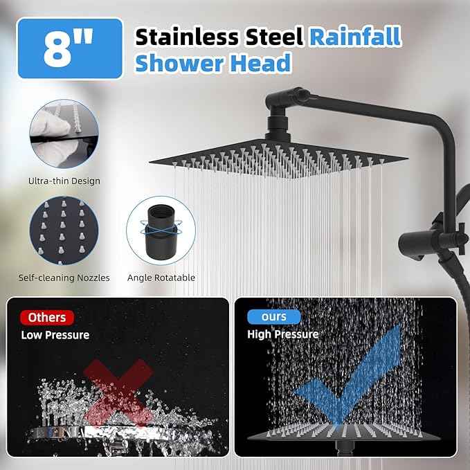 All Metal Shower Head, 8" High Pressure Rainfall/Handheld Shower Combo with 11" Extension Arm, 10-Spray Handheld Showerhead, 71" Long Hose, 3-Way Diverter Valve, Matte Black