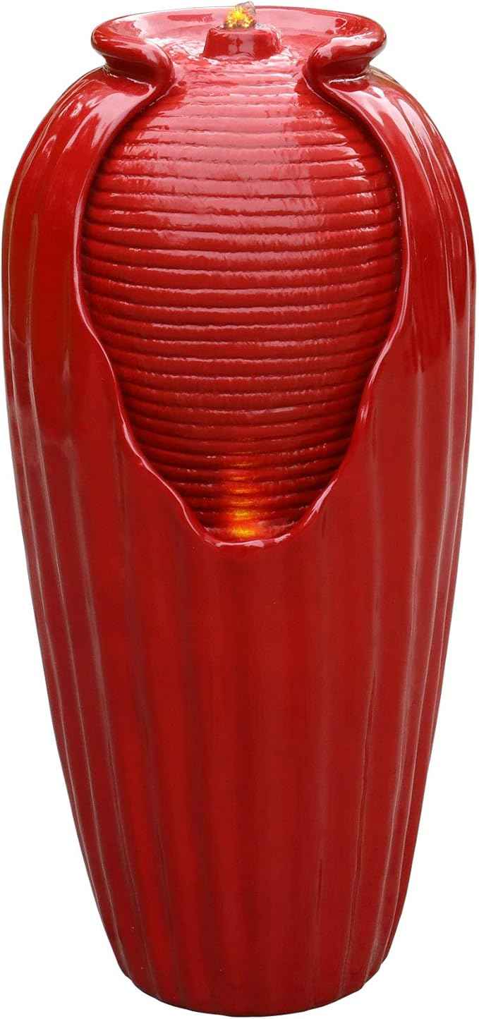 Teamson Home Glazed Vase Floor Freestanding Water Fountain with LED Lights and Pump for Outdoor Patio Backyard Deck Plant Garden Décor, 32 Inch Height, Red