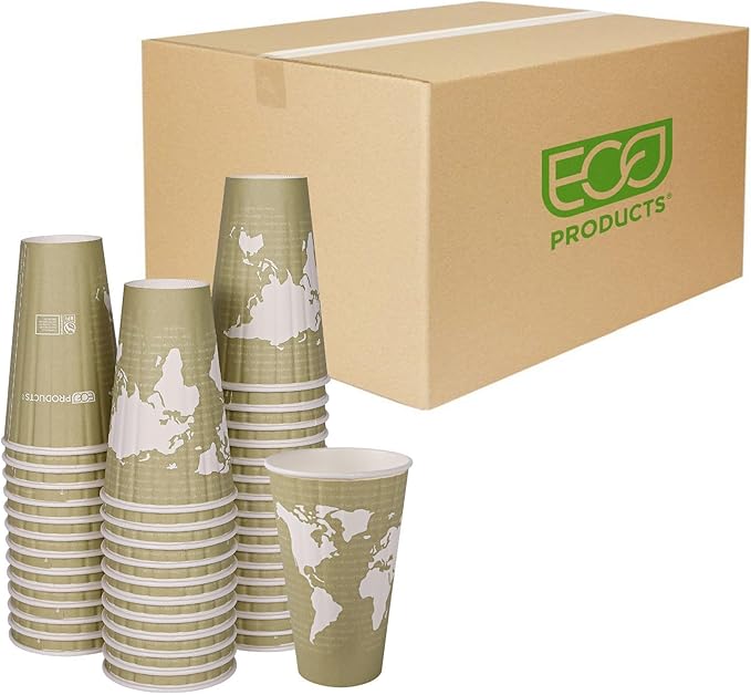 ECO PRODUCTS Compostable Disposable Insulated World Art 16oz Large Coffee Cups, Case of 600, Renewable Double-wall Hot Paper Cup, Plant Based PLA Lining, No Sleeves Needed, Color Coded