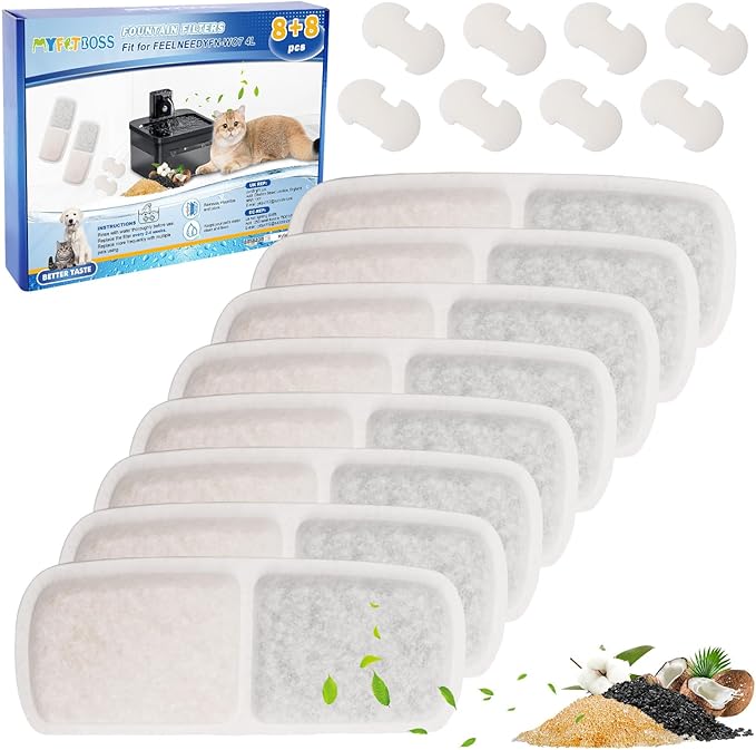 8 + 8 Pack Cat Fountain Filter Replacement Compatible with FEELNEEDY Cat Water Fountain FN-W07 135 fl oz/4L, Cat Fountain Filter, Pet Fountain Filter Replacement Filters and Foam Sponges