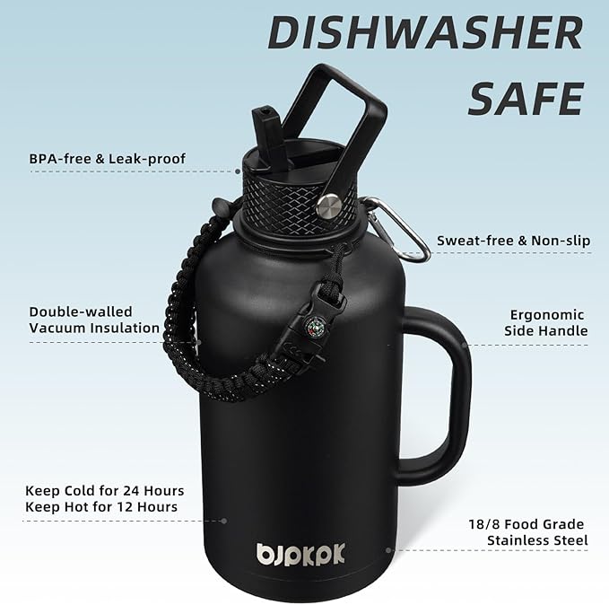 BJPKPK Half Gallon Insulated Water Bottles with Straw Lid & Side Handle, 64oz Large, Stainless Steel Water Bottles with 3 Lids and Paracord Strap, Metal Water Jug,Black