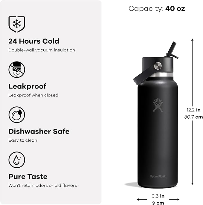 Hydro Flask Water Bottle - Insulated Stainless Steel - Wide Straw Lid, Non Spill, Leakproof in 40 Oz Tonal White