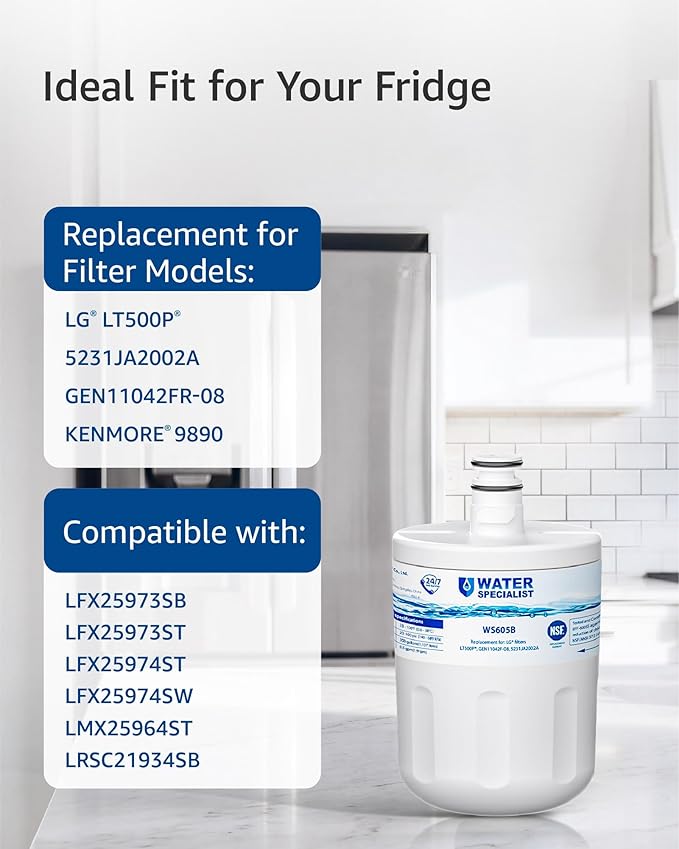 Waterspecialist 5231JA2002A Refrigerator Water Filter, Replacement for LG® LT500P®, ADQ72910911, GEN11042FR-08, LFX25974ST, ADQ72910901, ADQ72910907, Kenmore 9890, 46-9890, 3 Filters
