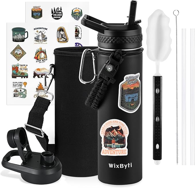 20 oz Insulated Water Bottle with Straw (Cold for 48 Hrs), Stainless Steel Triple Wall Vacuum Sports Water Jug, Leakproof Hydro Cup Flask with Paracord Handle & Straw Spout Lids & DIY Stickers