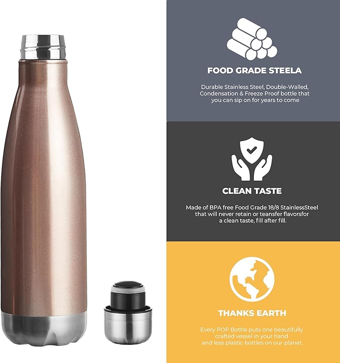 MEWAY 17oz Sport Water Bottle 12 Pack Vacuum Insulated Stainless Steel Leak-Proof Double Wall Cola Shape Water Bottle,Keep Drinks Hot & Cold (Rose Gold,12 Pack)