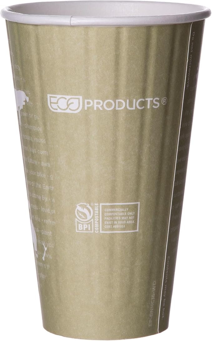 ECO PRODUCTS Compostable Disposable Insulated World Art 16oz Large Coffee Cups, Case of 600, Renewable Double-wall Hot Paper Cup, Plant Based PLA Lining, No Sleeves Needed, Color Coded