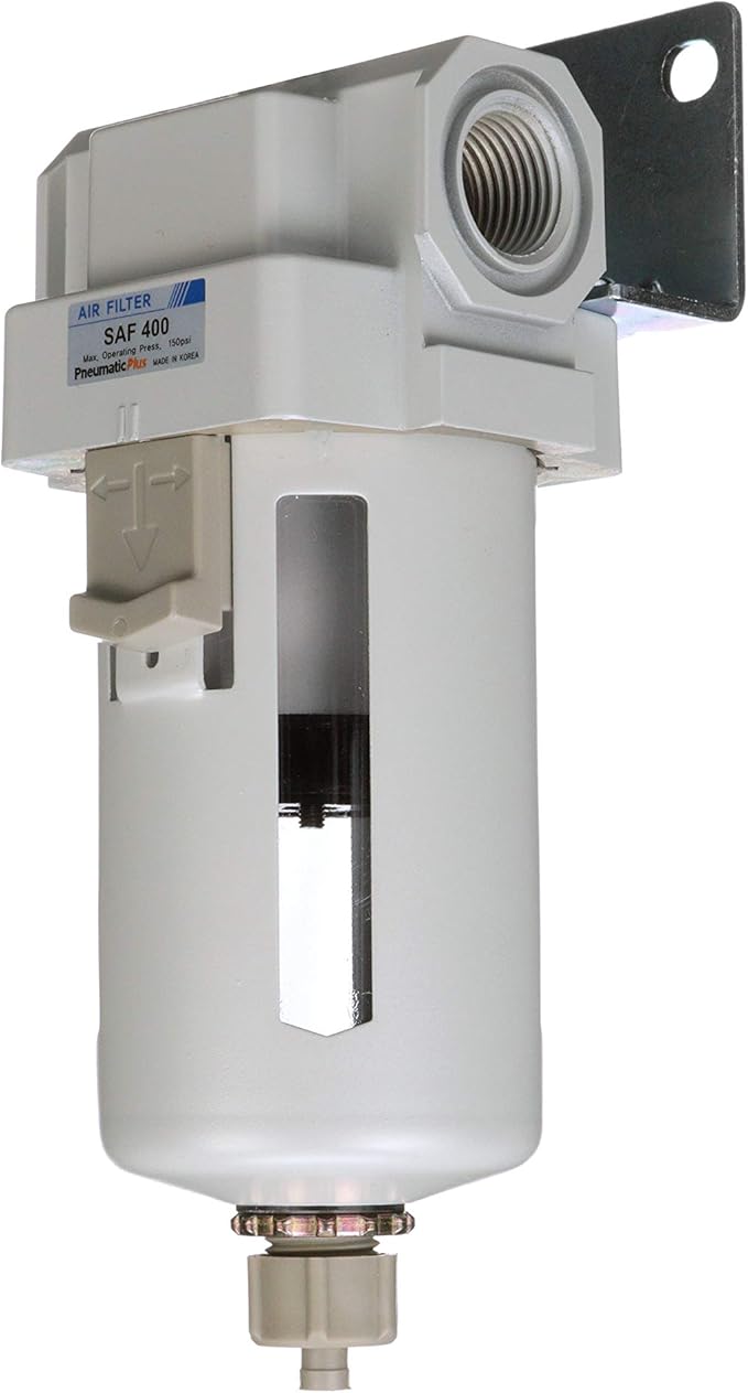 PneumaticPlus SAF400-N04B Compressed Air Particulate Filter 1/2" NPT, 10 Micron Element, Poly Bowl, Manual Drain, Bracket - AquaVibe