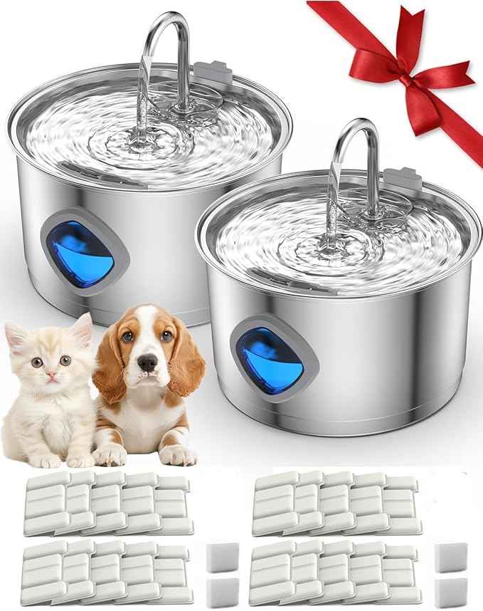 Dog Water Bowl, Set It Once - Fresh Water 24/7, 100% Safe for All Dogs, Dog Bowl with Always Clean, Never Slimy, 108oz Stainless Steel Water Fountain (2pc, 20+4 Filter)
