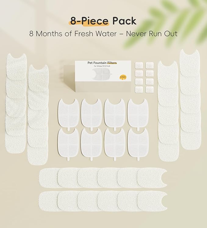 8 Pack Filters Replacement Filter for FS10 Plus Cat Fountain, 6 Layer Filter, Pet Drinking Fountain for 138 fl oz/4.1L FS10 Plus (White, 8 Filters + 32 Sponges & 8 Pump Filters)