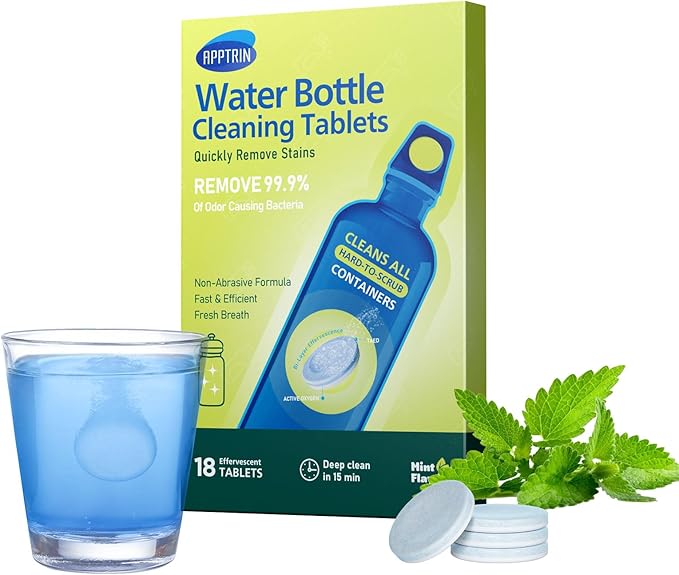 Water Bottle Cleaning Tablets, 18 Pack Bottles Clean Tablet Hydration Bladder Cleansing Tablets for Hydration Bladder, Water Bottle, Individually Packed, Mint Flavor