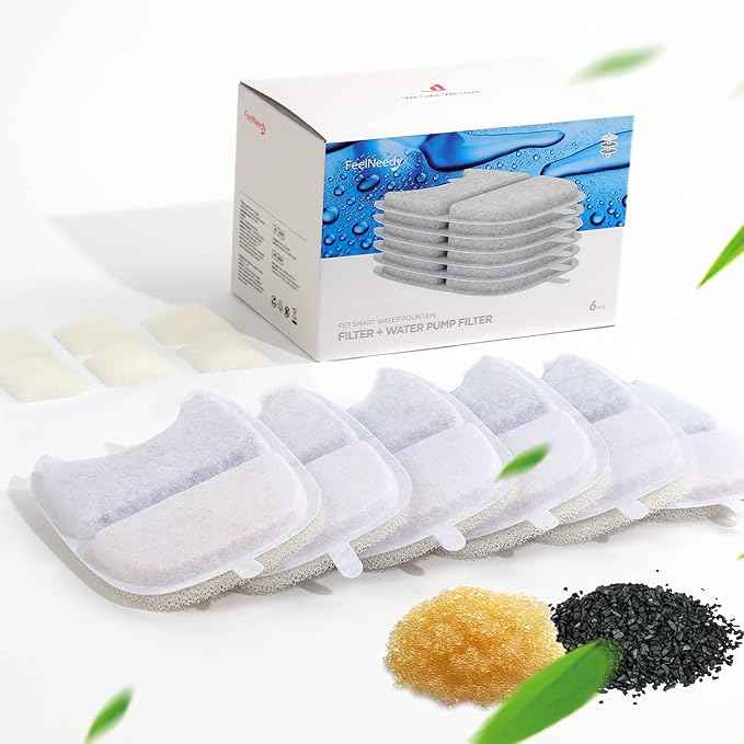 FEELNEEDY 6 Pack Cat Water Fountain Filter & 6 Pack Pump Sponges Replacement, Filter for 135 fl oz/4L Cat Water Fountain (YPD-C004P, YPD-C004S)
