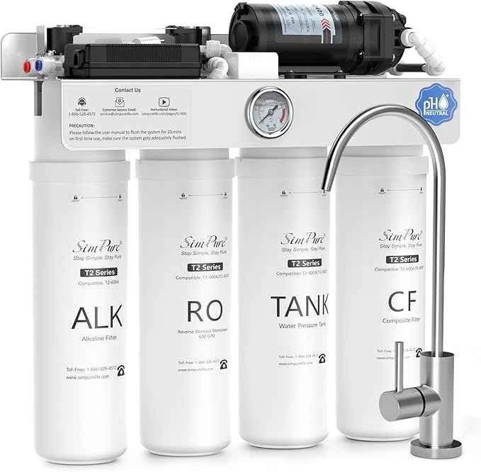 SimPure T2-600A Alkaline Reverse Osmosis Water Filter System, NSF/ANSI 58 Certified, Built-in Pressure Tank Filter, UV, 600 GPD 8 Stage RO Filtration with Mineral, 2:1 Pure to Drain Ratio