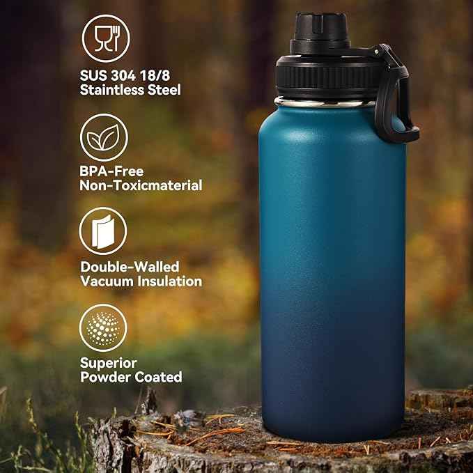 Neihepal 32 oz Insulated Water Bottles with 2 Lids (Straw & Spout Lid), 18/8 Stainless Steel Double Wall Water Bottle for Gym, Travel, Camping, Sports (Dark Night,2 Pack)