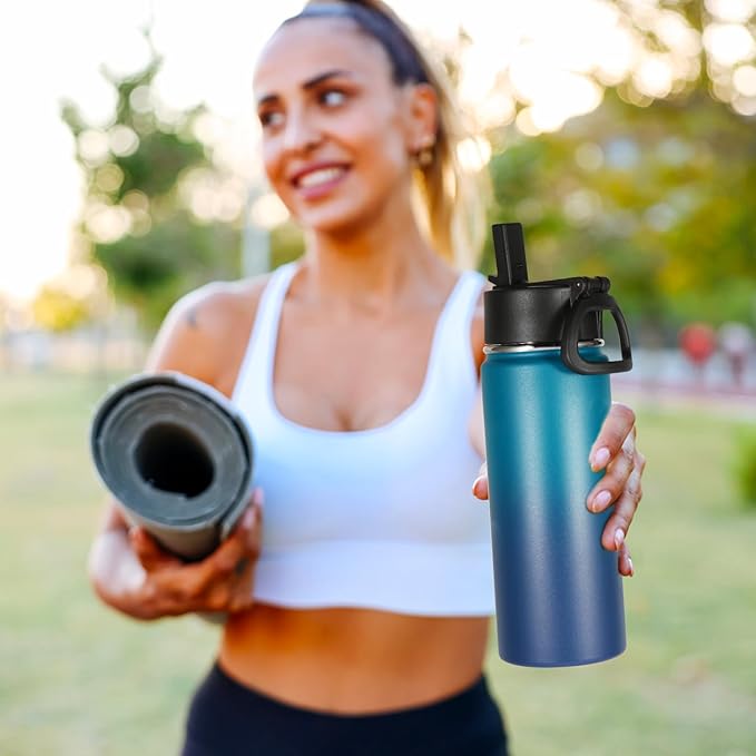 Volhoply Kids Insulated Water Bottle with Straw,16oz Stainless Steel Cold Water Bottles for School,BPA-Free Metal Wide Mouth Cups with Handle,Reusable Double Wall Vacuum Sport Flask(Dark Night,1)