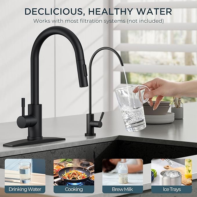 FORIOUS Kitchen Faucet and Water Filter Faucet Combo, Stainless Steel Traditional Sink Faucet with Drinking Water Faucet Fits Reverse Osmosis, Water Filtration System and Pot Filler, Matte Black