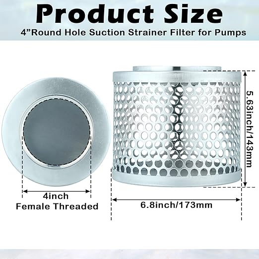 4 Inch Round Hole Suction Strainer Filter Carbon Steel Plated Npt Thread Hose Water Pump Inlet Strainer for Remove Debris Trash Reduces Solids Entering