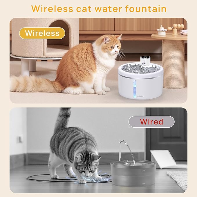 Wireless Cat Water Fountain with Stainless Steel Tray, 102oz/3L Pet Water Fountain for Cats Inside, Cat Fountain for Drinking with Motion Sensor, Ultra Quiet Pump (White, 102oz+8Filters)