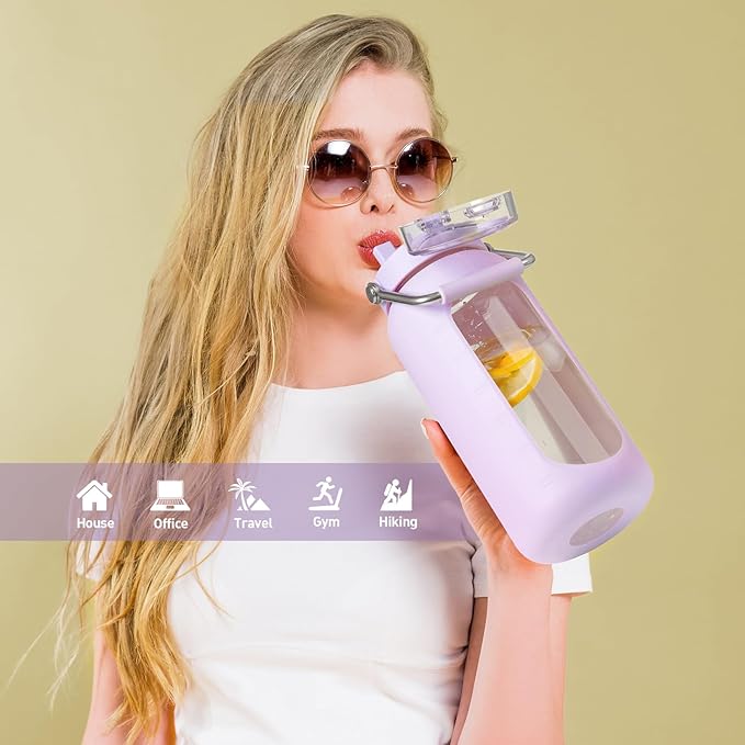 BLUEGO 64oz Water Bottle Glass with Stainless Steel Handle Large Water Bottle with Time Markers and Silicone Sleeve Half Gallon Water Jug BPA Free for Gym Daily Use, Purple