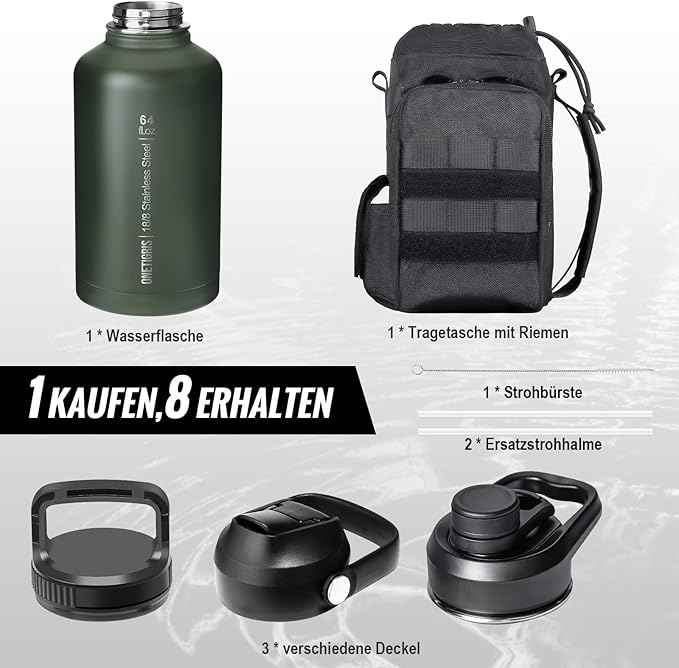 ONETIGRIS Tactical Half Gallon Water Bottle with Straw - 64 oz Vacuum Insulated Stainless Steel Water Jug, Leakproof Sport Bottle with 3 BPA Free Lids, Paracord Handle & MOLLE Water Pouch for Outdoor
