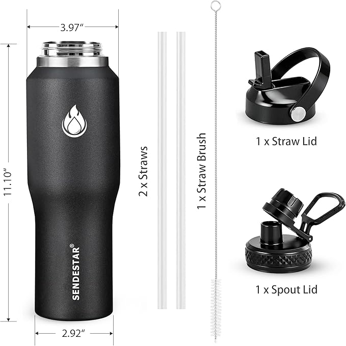 SENDESTAR 40oz Stainless Steel Water Bottle(Cold for 48 Hrs, Hot for 24 Hrs),Double Wall Vacuum Insulated Bottle with Straw Lid, Spout Lid and Flex Cap, Fit in Any Car Cup Holder,Black