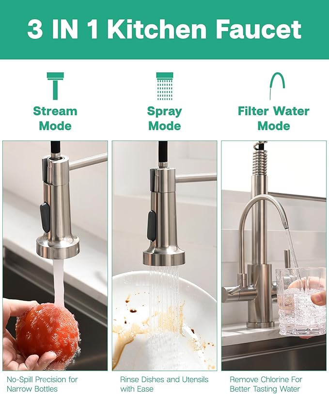 GIMILI 3 in 1 Kitchen Faucet with Pull Down Sprayer Brushed Nickel Two Handle Kitchen Sink Faucet with Under Sink Water Filter System Reduces PFAS, PFOA/PFOS, Lead, Chlorine, Bad Taste & Odor