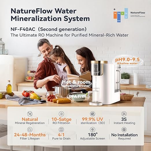 NatureFlow F40-AC（2nd Gen） Reverse Osmosis Water Filter Countertop with UV, Natural Remineralization,10-Stage RO Filtrations, 4:1 Pure to Drain, pH9 Alkaline Water Purifier,BPA Free,NSF/ANSI/UL/FDA